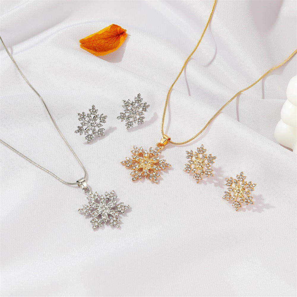 Snowflake minimalist style full diamond necklace earrings