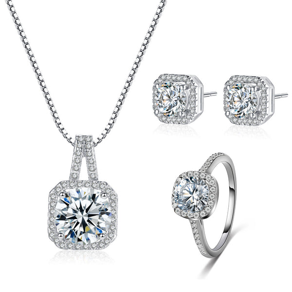 Square Zirconia Ring Earring Necklace Set