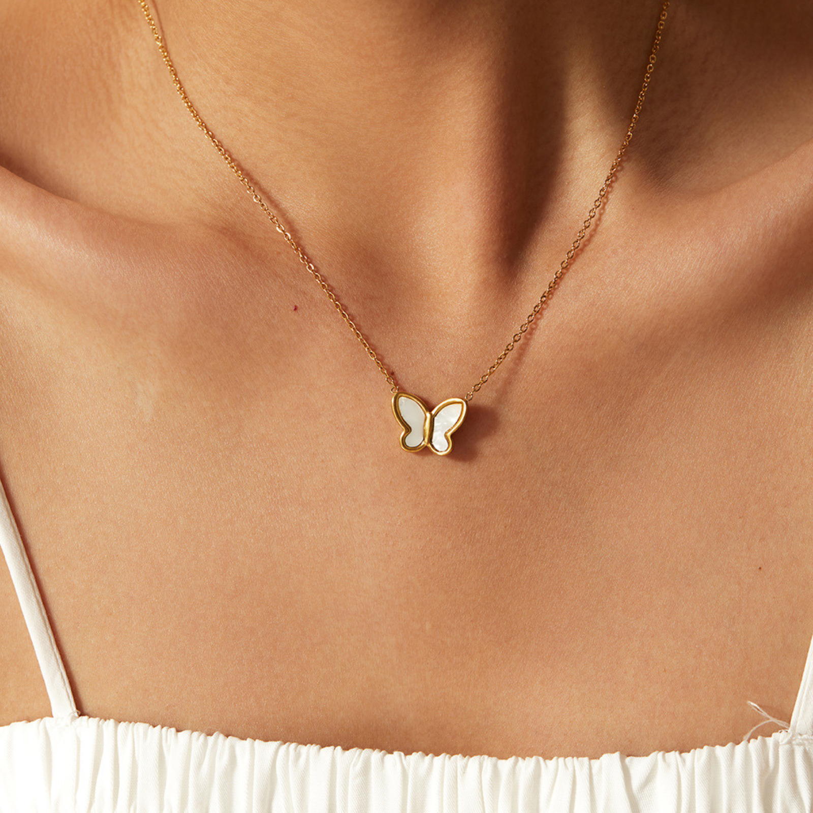 14K Gold Plated White Shell Butterfly Necklace