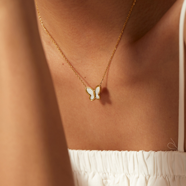 14K Gold Plated White Shell Butterfly Necklace