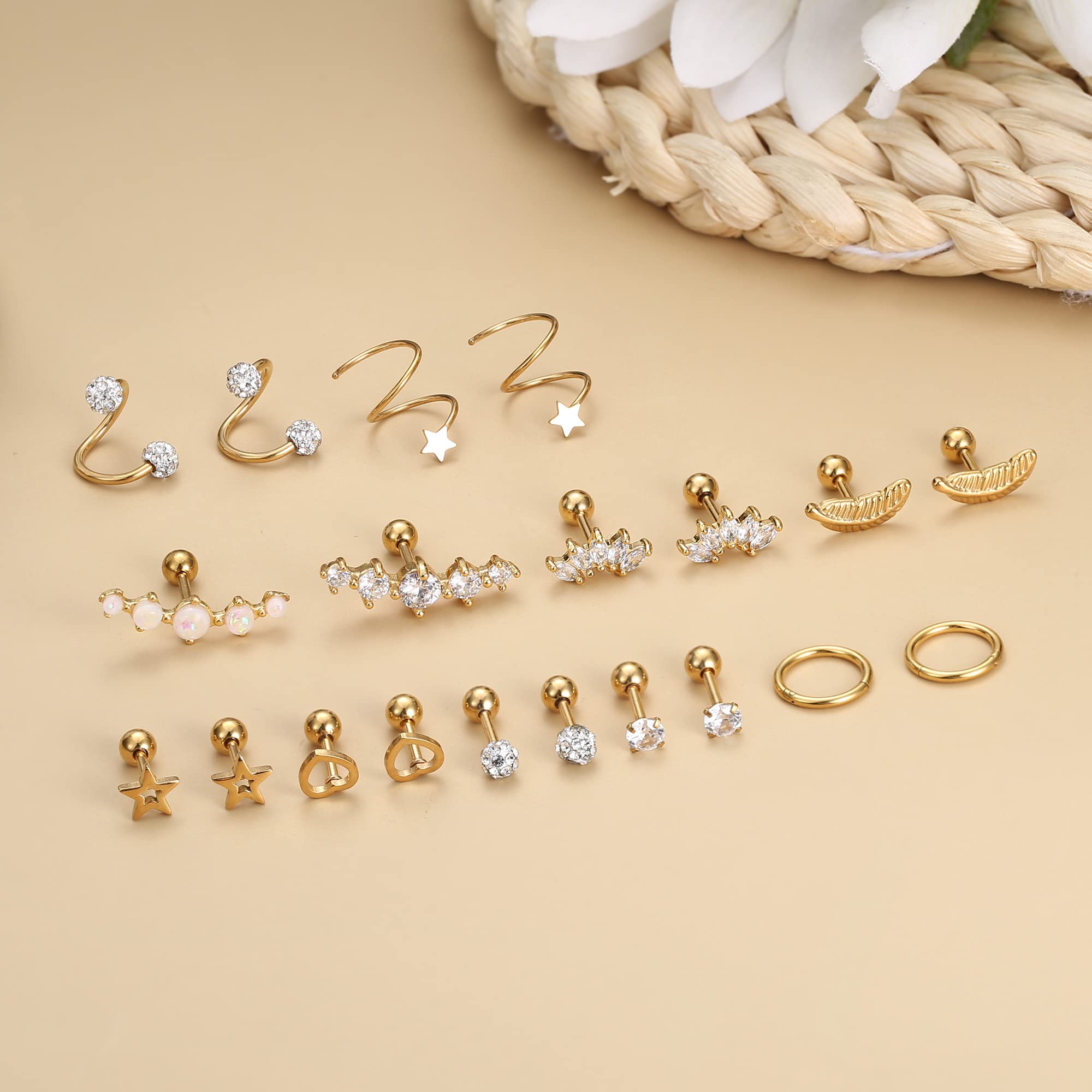 Cartilage Earrings - 10 Pairs Set (Silver and Rose Gold Tone)