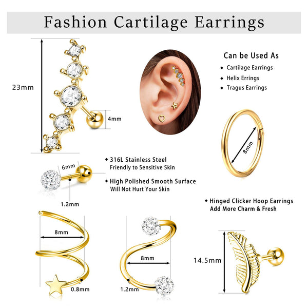 Cartilage Earrings - 10 Pairs Set (Silver and Rose Gold Tone)